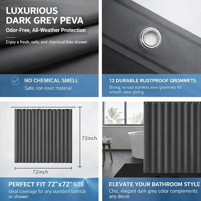 EHZNZIE Dark Grey Shower Curtain Liner 72x72, PEVA Waterproof Bath Curtain - Image 3