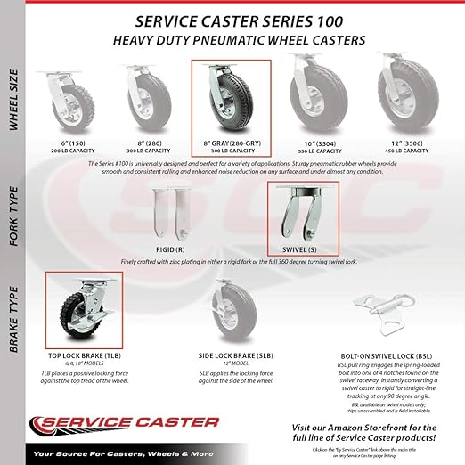 Service Caster Brand Replacement Caster for Uline Caster H-3328GR-SWB - Swivel Top Plate Caster with 8 Inch Gray Pneumatic Wheel and Top Lock Brake - Fits Platform Trucks and Utility Carts H-2505