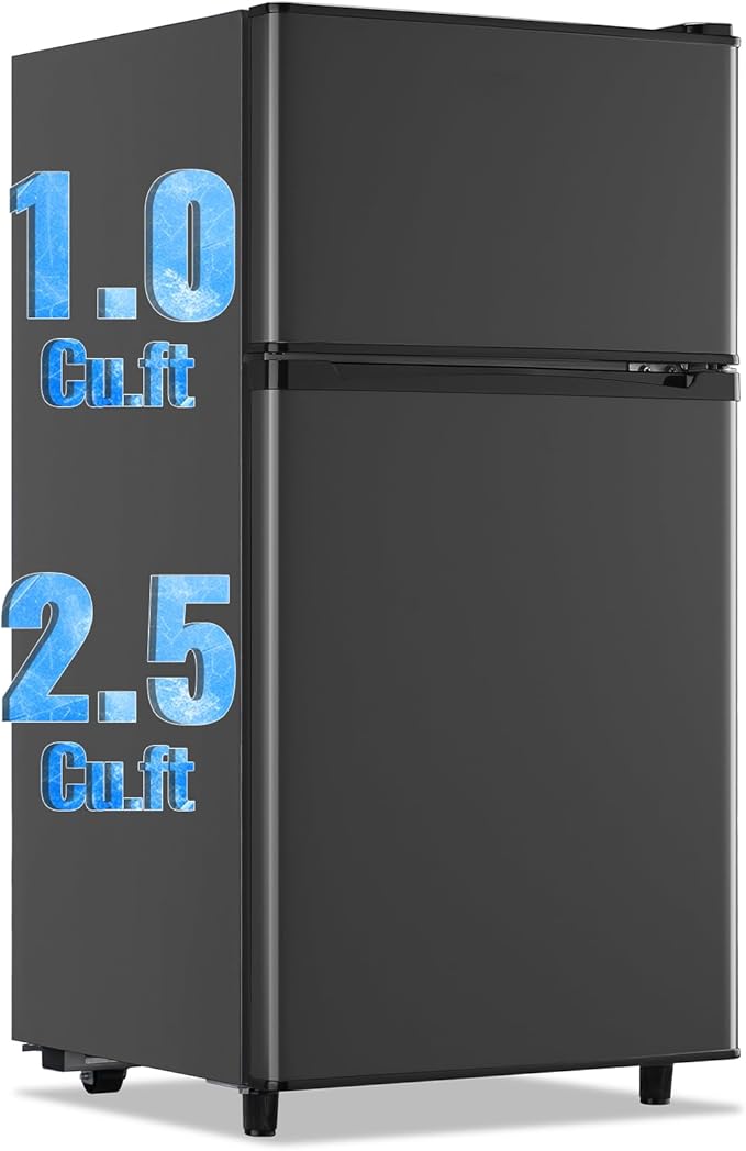 WANAI 3.5 Cu.Ft Mini Fridge with Freezer, Compact Refrigerator for Office, Dorm, Apartment, 7-Level Adjustable Thermostat, 2 Removable Shelves and Bakset, Small Fridge in Dark Gray