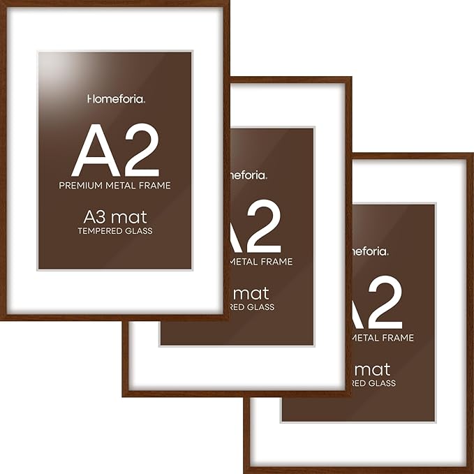 Homeforia A2 Picture Frame Brown, High End Dark Oak 16.5 x 23.4 Wooden Poster Frame Matted to 11.7 x 16.5 Photo, A2 Walnut Wood Frame with Mat A3, 16.5 x 23.5 Frame, Tempered Glass, Wall Kit, Set of 3