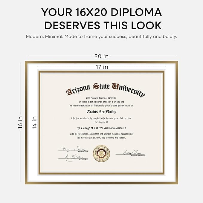 Homeforia 16x20 Diploma Frame Bronze, High End Metal 16 x 20 Certificate Frame with Mat for 14 by 17, 20x16 Document Frame Matted to 14x17, Graduation Degree Frames, Tempered Glass, Wall Kit, Set of 1