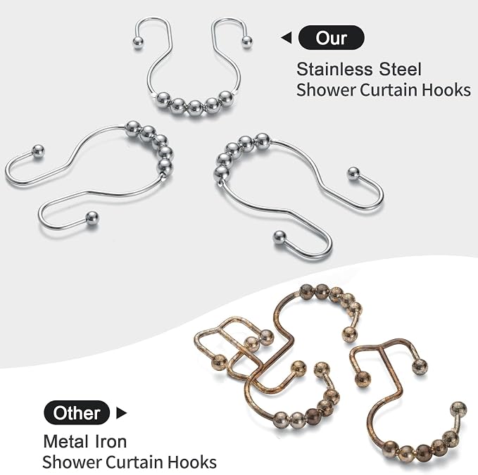 Shower Curtain Hooks, Stainless Steel Shower Curtain Hangers, Double Hook - Image 2