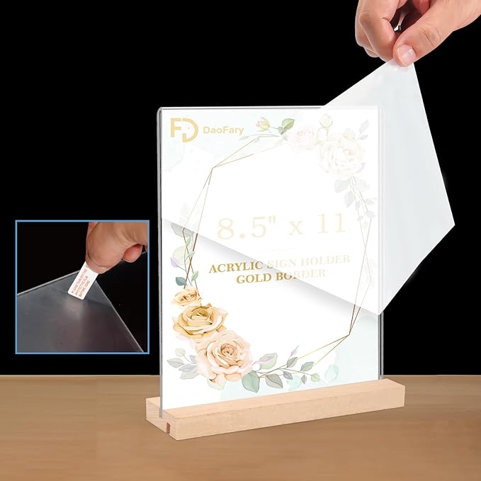 Daofary 6 Pack Acrylic Sign Holder 8.5 x 11, L/T Shape Double Sided wood Picture Frame Stand up Table Top Sign Holders, Clear Display Stand Menu Flyer Holder for Wedding Party (Provide Non slip Mats)