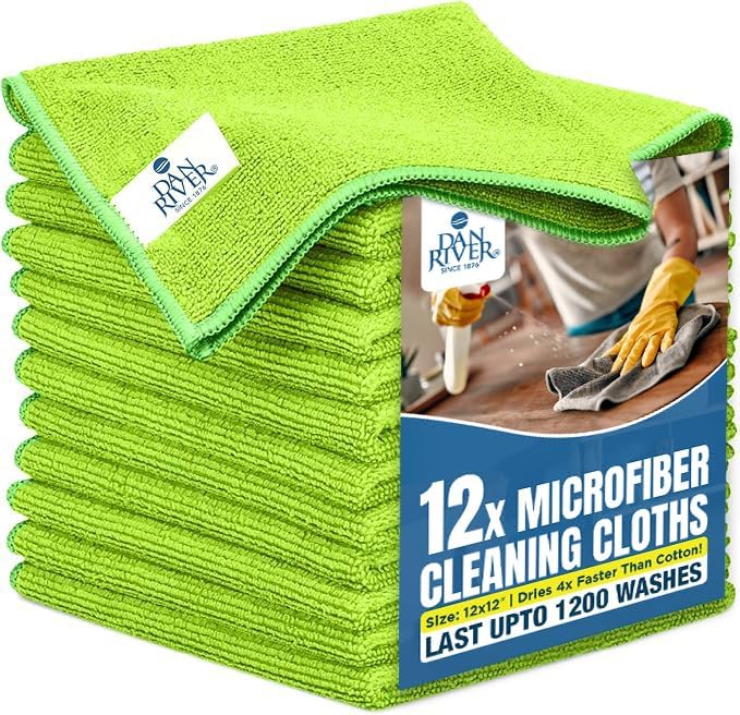 DAN RIVER 12-Pack Green Microfiber Towels – Ultra Absorbent, Lint-Free & by DanRiver
