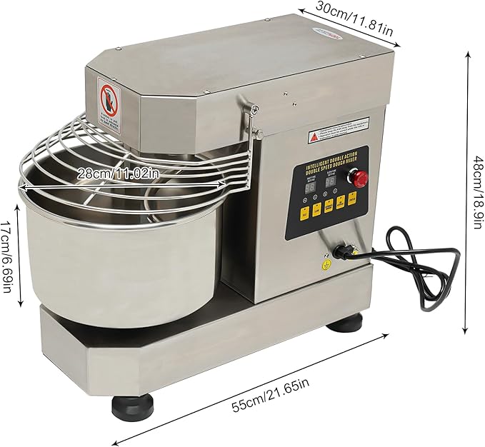 Commercial Dough Kneading Machine 750W Heavy Duty Electric Spiral Dough Mixer 10.6QT Dual Rotating Flour Mixing Machine with Dual Speed, Safety Shield for Bakeries, Pizzeria, Restaurant
