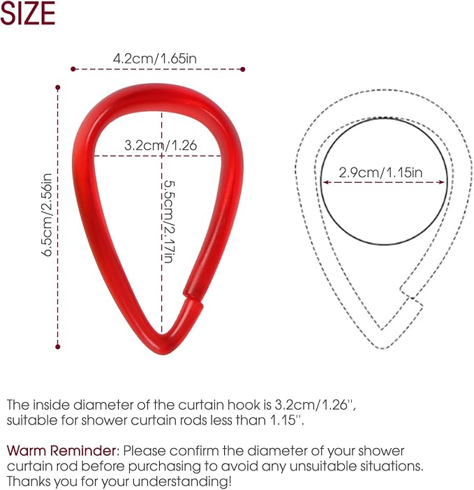 Top-spring Red Shower Curtain Hooks 12Pcs Drop Shaped Hooks - Image 4