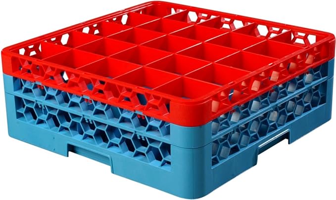 CFS RG25-2C410 OptiClean 25 Compartment Glass Rack with 2 Extenders, 7.12", Polypropylene, Red/CFS Blue