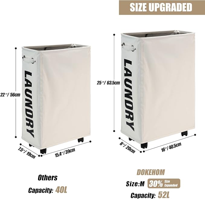 DOKEHOM 25" Slim Rolling Laundry Basket Hamper, Narrow on Wheels - Image 3
