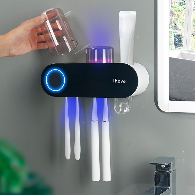 iHave UV Toothbrush Sanitizer Holder Wall Mount Toothpaste Dispenser, 2-Cup | by ihave