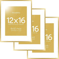 Homeforia 12x16 Picture Frame Gold, High End Metal 12x16 Poster Frames with Mat 9x12 for Photo, 12 x 16 Gold Frame Matted to 9 by 12 Print, 16x12 Thin Hanging Frame, Tempered Glass, Wall Kit, Set of 3