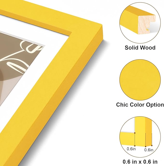 Vittanly 5x7 Picture Frame, Solid Wood Frame with Plexiglass, Includes 4x6 Mat, Wall Hanging or Tabletop for Home Decor, Yellow, 1 Pack