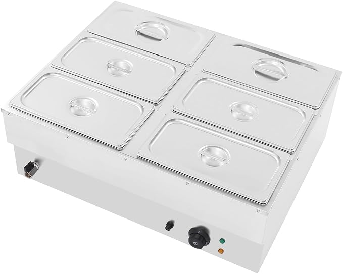 6-Pan Countertop Food Warmer Electric Steam Table for Buffet Commercial Stainless Steel Buffet Steam with 6 Stainless Steel Covers 110V 850W 6.7L Large Capacity (6 Pan/6.7L)