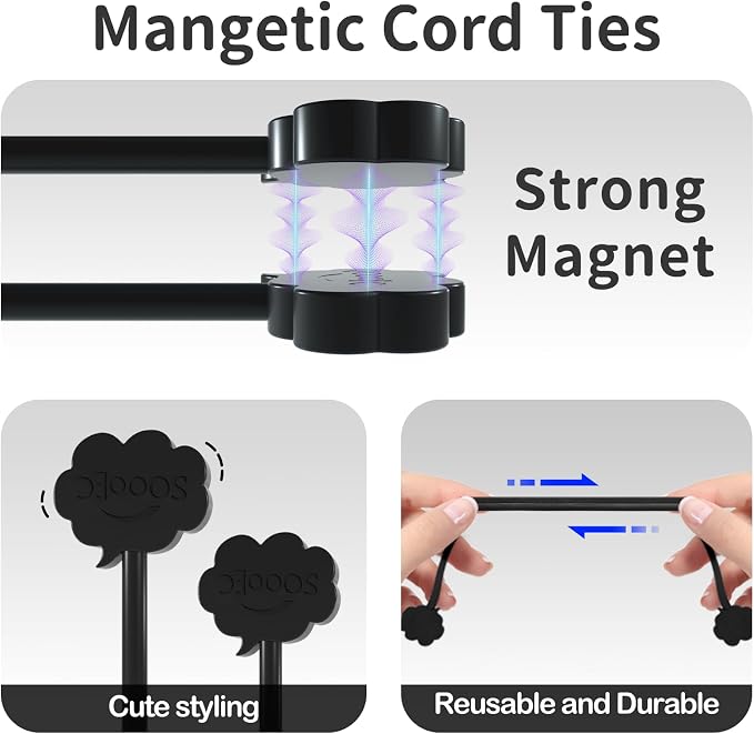 SOOOEC Magnetic Cable Ties 20 Pack, Cute Cloud 7.2" Silicone All Black | Strong - Image 4
