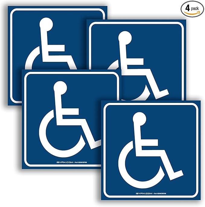 iSYFIX Handicap Signs Stickers Decal Symbol - 4 Pack Reflective Silver 6x6 Inch - Premium Self-Adhesive Vinyl, Decal, Laminated for Ultimate UV, Weather, Scratch and Fade Resistance, Indoor & Outdoor