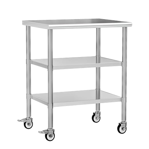 Stainless Steel Work Table with Wheels, 24x30 Inch NSF Kitchen Prep Table with 2 Adjustable Undershelves for Commercial Restaurant, Garage, Outdoor BBQ