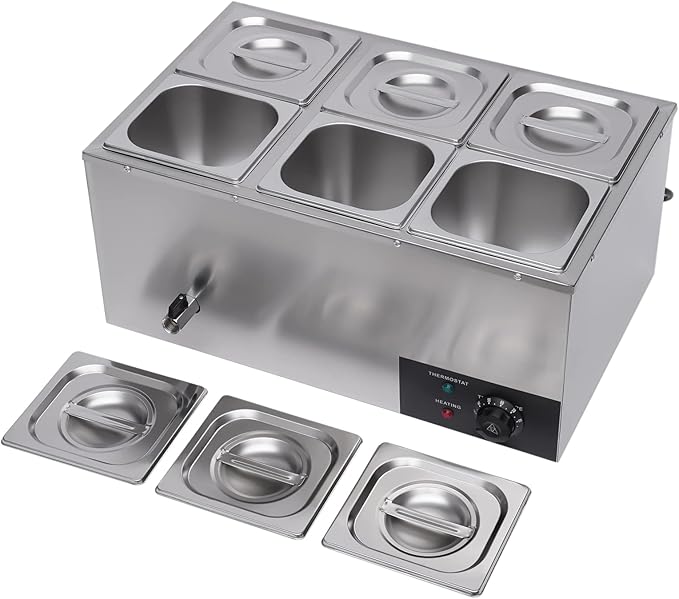 Commercial Bain Marie Food Warmer, 600W 6-Pan Electric Bain Marie Buffet Countertop Food Warmer, 19Qt Portable Steam Table Buffet Warmer 86-185℉ Temp Range for Catering, Restaurant, Hotel