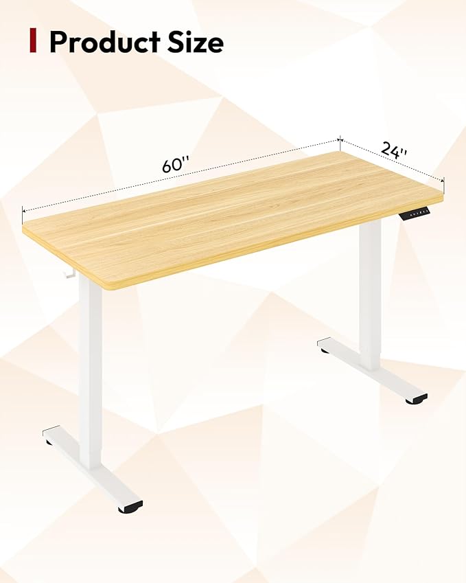SANODESK Electric Standing Desk 60 x 24 Inches Whole-Piece Desktop Height Adjustable Stand Up Desk w/6-Button Controller Ergonomic Computer Desk for Home Office, White Frame + Natural Tabletop