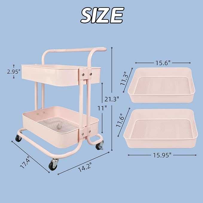 2 Tier Short Rolling Cart with Wheels All-Metal Pink Pantry Storage for Kitchen,Under Desk Trolley with Handle Small Wheeled Storage Cart for Laundry Room Bathroom, Under Table Small Space
