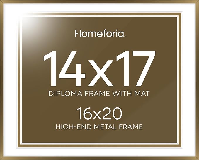 Homeforia 16x20 Diploma Frame Bronze, High End Metal 16 x 20 Certificate Frame with Mat for 14 by 17, 20x16 Document Frame Matted to 14x17, Graduation Degree Frames, Tempered Glass, Wall Kit, Set of 1