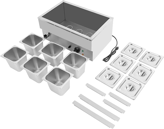 DYNAMI 110V 1500W Commercial Buffet Food Warmer,Large Capacity 6 Pan(6 * 2.3QT) Stainless Steel Electric Countertop Steam Table with Intelligent Thermostat Design,for Parties Buffet Catering