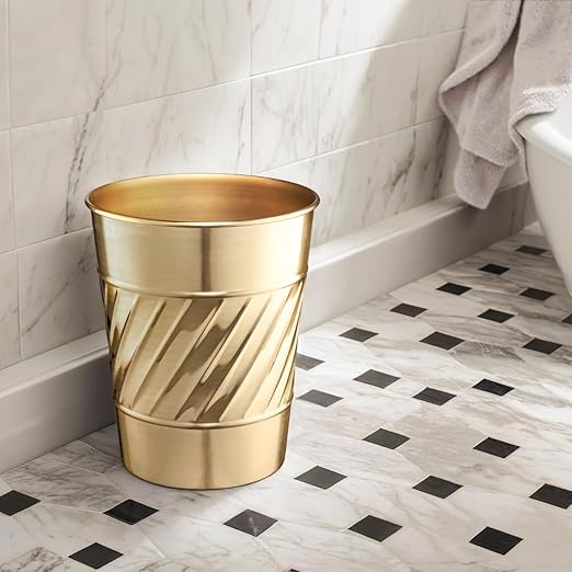 Monarch Abode Metal Bathroom Trash Can – Waste Basket for Bedroom, Office Desk, & Dorm, Handcrafted Wave Embossed, Durable Decorative Brushed Gold Small Trash Can Bathroom Garbage Bin Wastebasket
