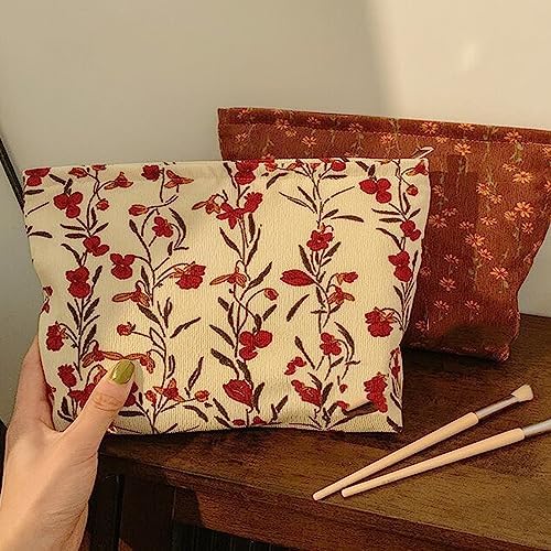 Floral Makeup Bags for Women, Corduroy Cosmetic Pouch Large Purse - Image 3