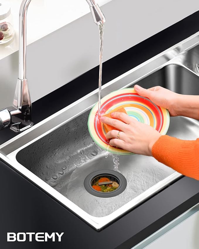 BOTEMY B9171 Black Kitchen Sink Drain Kit 3 1/2 Strainer With Stainless Steel Stopper Assembly Basket Fit Standard Drain Hole