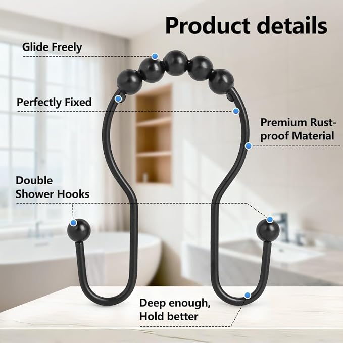 Resze 12PCS Shower Curtain Hooks, Sturdy Metal Shower Curtain Rings | Glide - Image 3