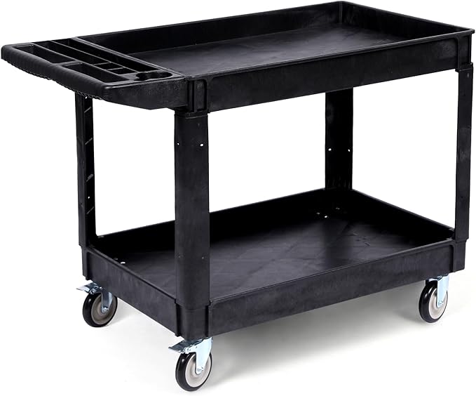 2-Shelf Large Heavy Duty PP Service Cart 45.7x25.6 Inch, Rolling Utility Cart with 360° Swivel Wheels, 550LBS, Oversize Shelf, Storage Handle, for Warehouse/Garage/Cleaning, Black