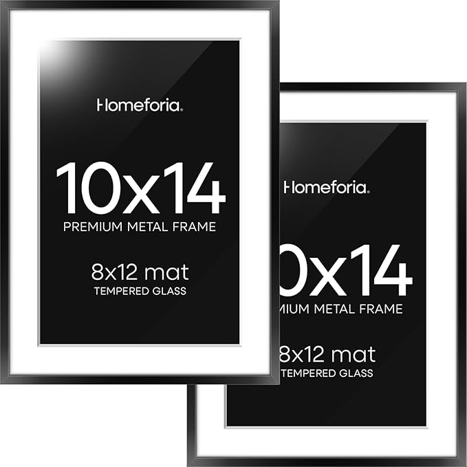 Homeforia Black 10x14 Picture Frame, High End Metal 10x14 Poster Frames with Mat 8x12, 10 x 14 Black Frame Matted to 8 x 12 inch Photo, 10 by 14 Thin Hanging Frames, Tempered Glass, Wall Kit, Set of 2