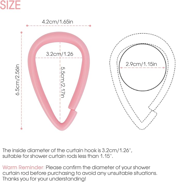 Top-spring Pink Shower Curtain Hooks 12Pcs Drop Shaped Hooks - Image 4