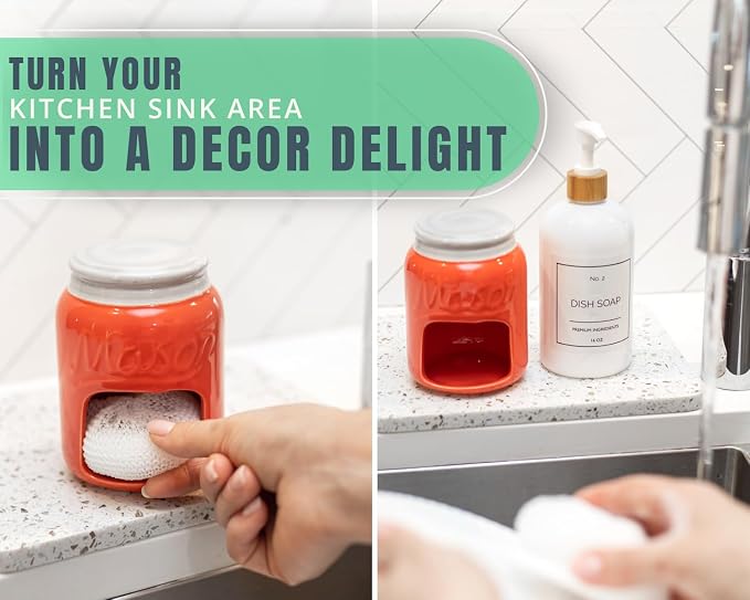 Comfify Coral Mason Jar Ceramic Sponge Holder – Farmhouse Sink Caddy - Image 5