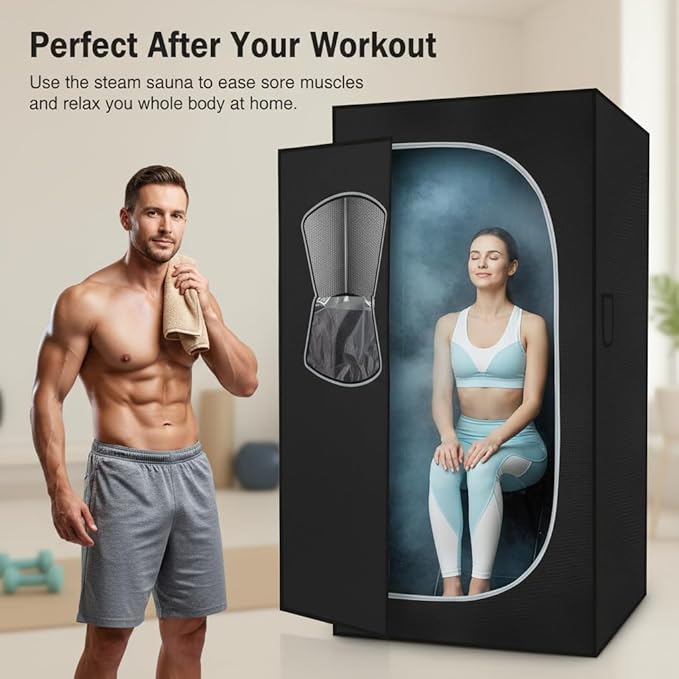 HomeCare Portable Home Sauna Box, Foldable Steam Room with 2.6L 1200W Steamer, 9 Temp & 90 Min Timer, Includes Folding Chair for Relaxation