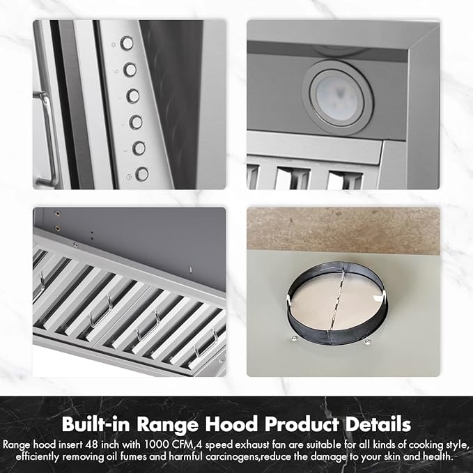 Micmi 48 inch Built-in Range Hood Insert Vent, Dual Motors Stainless Steel Kitchen 1400 CFM with Push Button Control, Ducted, Baffle Filters, 4 Speed Stove Exhaust Fan, ETL listed