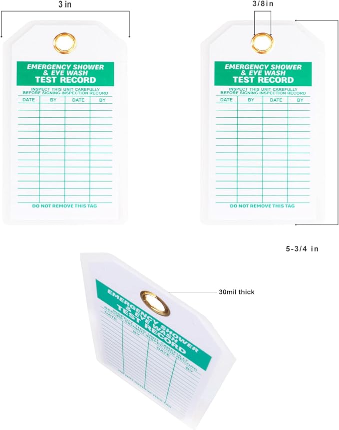 Lionshop Heavy Duty Emergency Shower and Eyewash Test Record, Double-Sided Inspection Record Tag, 5.75" Height x 3" Width, 0.375" in Brass Eyelet Size, Green Ink on White (Pack of 50)