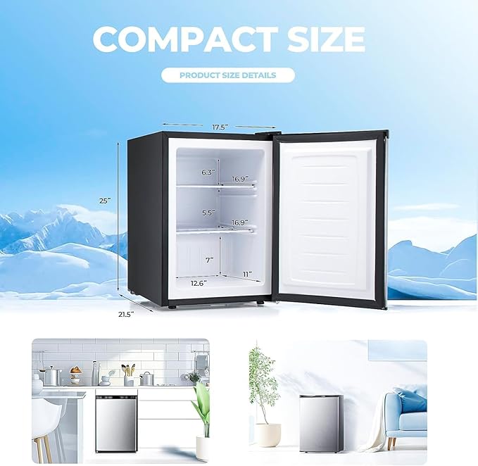 2.1 Cu.ft Small Freezer, Mini Upright Freezer with 7 Adjustable Thermostat, Removable Shelves, Reversible Single Door, for Bedroom/Home/Dorms/Apartment (Silver)
