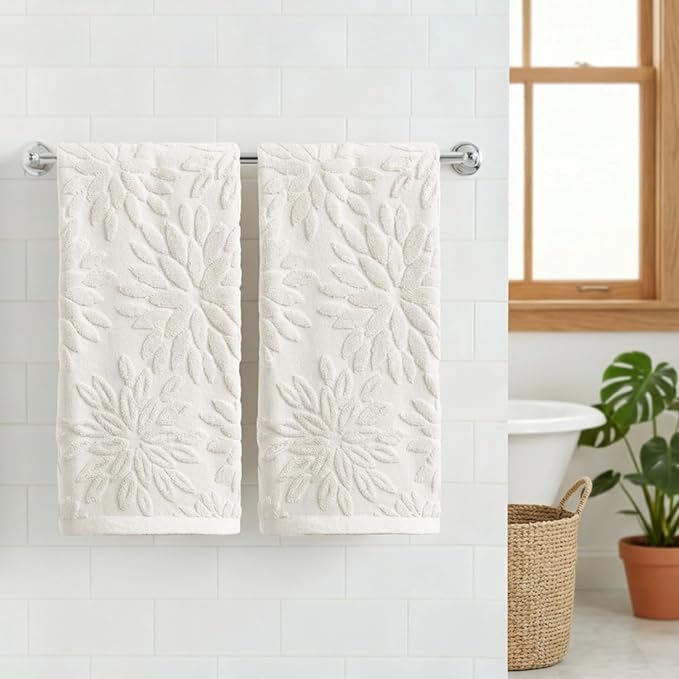 Artoid Mode 2 Pcs White 3D Dahlia Floral Jacquard Hand Towels - Image 2