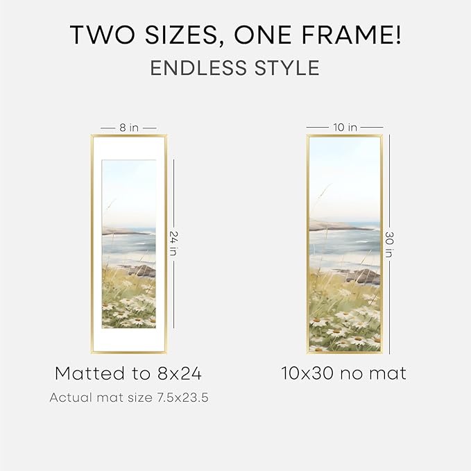 Homeforia 10x30 Picture Frame Gold, High End Metal 10x30 Poster Frames with Mat 8x24 inch Photo, 10 x 30 Gold Frames Matted to 8 by 24 Print, 30x10 Panoramic Frames, Tempered Glass, Wall Kit, Set of 3