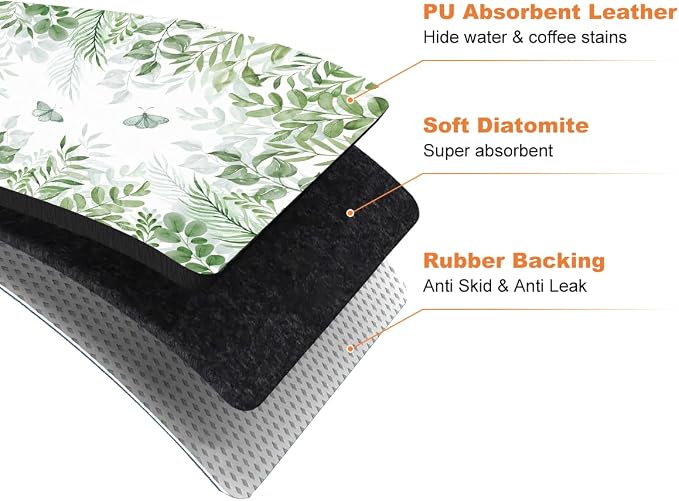 LOKHOM 12"x20" Dish Drying Mat， Green Plant Coffee Mat | Floral Butterfly Prints - Image 8