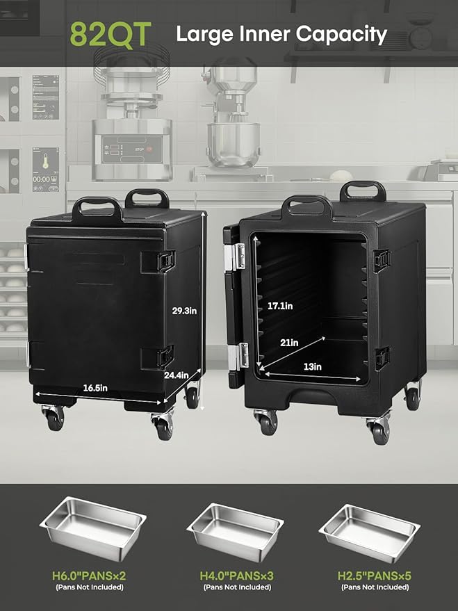 Catering Food Warmer, 82Qt Front Loading Hot Box for Catering, LLDPE Insulated Food Pan Carrier for 5 Full-Size Pan, w/Wheels, Stackable, Handles, Hot Box Food Warmer for Camping, Restaurant