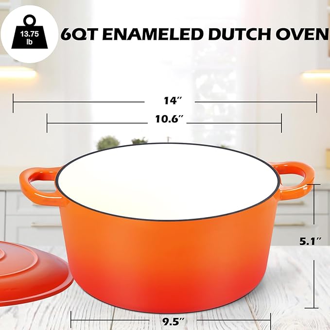 TeamFar Enameled Cast Iron Dutch Oven, 6QT Nonstick Dutch Oven Pot with Lid & Dual Handles for Bread Baking Braising Simmer Roasting, Non Toxic & Heavy Duty, Multi Stoves & Oven Safe - Orange