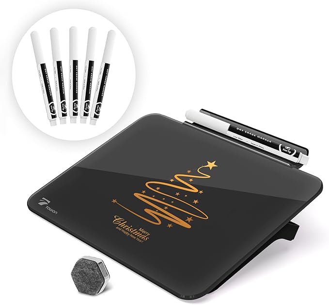 TOWON Small Glass Dry Erase Board, Desk White Board with Standing, Mini Whiteboard Easel Pad Set, Stenography Artifact for Office, Home and School Supplies, 8x6 Inches, Black