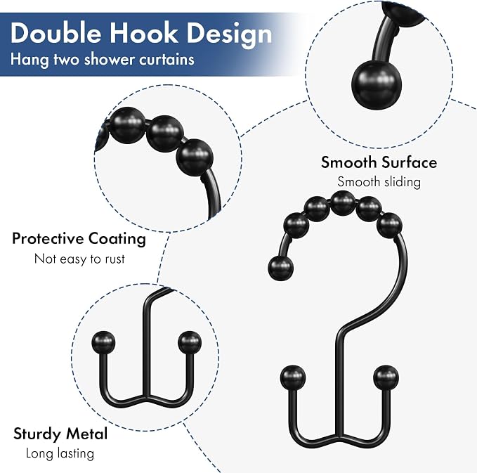 Bathway Shower Curtain Hooks Matte Black Shower Curtain Rings, Metal Shower - Image 3
