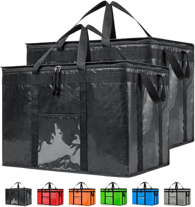 NZ home Insulated Bags for Food Delivery (3XL PRO) Grocery Shopping Cooler Bag, Pizza Delivery, Hot & Cold Catering Tote, Reusable, Foldable & Heavy Duty (2 Pack, Black)