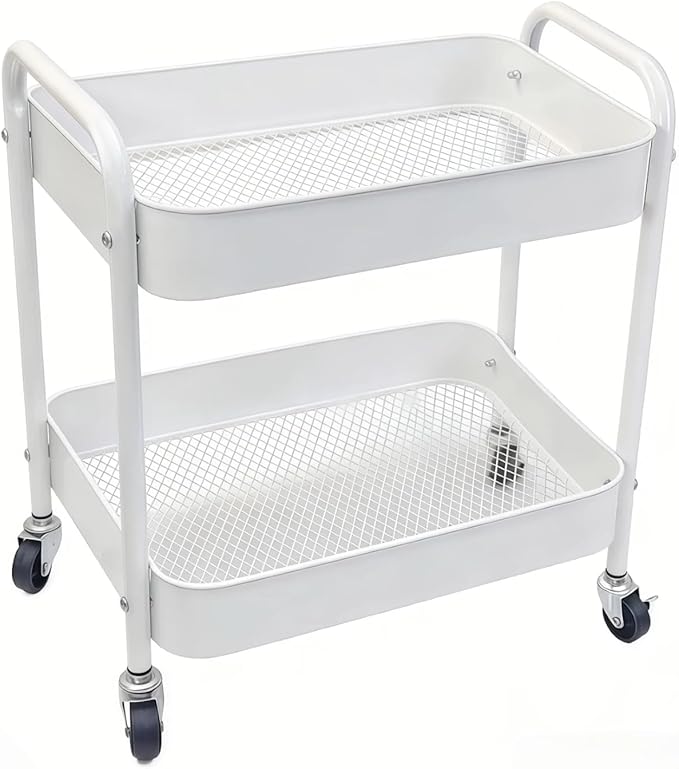 Under Desk Storage Cart 2 Tier Utility Rolling Cart with Wheels, Small Metal Mobile Trolley with Handle Two Tiered Utility Organizer Roller for Kitchen Office Bathroom Pantry Room, White