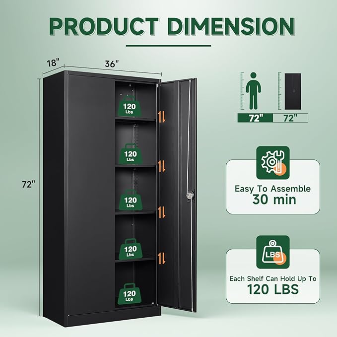 Letaya Metal Garage Storage Cabinets with Lock Door and Adjustable Shelves, Steel Tool Cabinets for Home,Office,Warehouse Organisieren (Black, 72" H)
