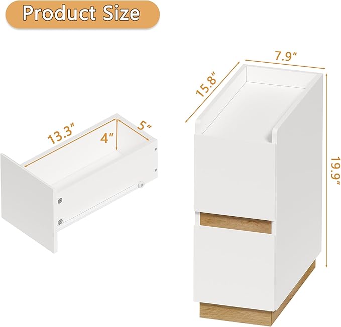 Narrow Night Stands, Modern Slim Nightstand Set of 2, Wooden Skinny Bedside Table 2 Drawers, Stackable Narrow Side Table with Drawers for Small Spaces, Bedroom, Living Room, White
