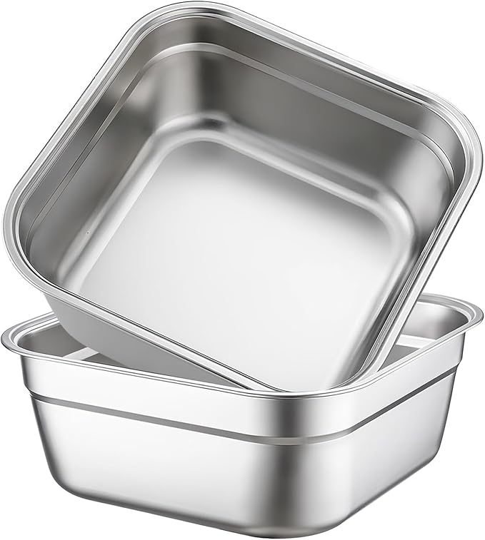 Stainless Steel Washing Up Bowls, 2PCS Square Dish Tub - Fruit Vegetable Washing Basin for Sink, Large Kitchen Containers & Sturdy Dishpans for Home Use, 12"