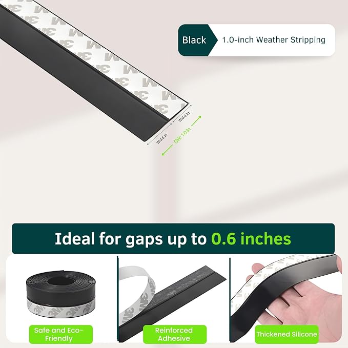 Door Weather Stripping Seal Strip, 1.0 in Black Door Draft Stopper | Weather - Image 3
