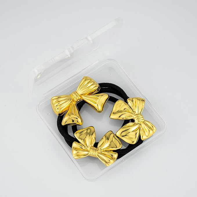 3PCS Gold Bow Hair Ties - Polished Metal Hair Cuffs, Elegant Ponytail Holders with Bow Shapes